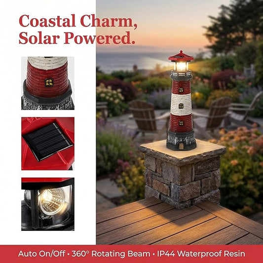 Solar Lighthouse Outdoor Statues, 360° Rotating Beacon Garden Lighthouse, 15" Light House for Outside Garden Yard Decor, Waterproof Resin Nautical Figurines for Patio Lawn Landscape Lighting (Red)