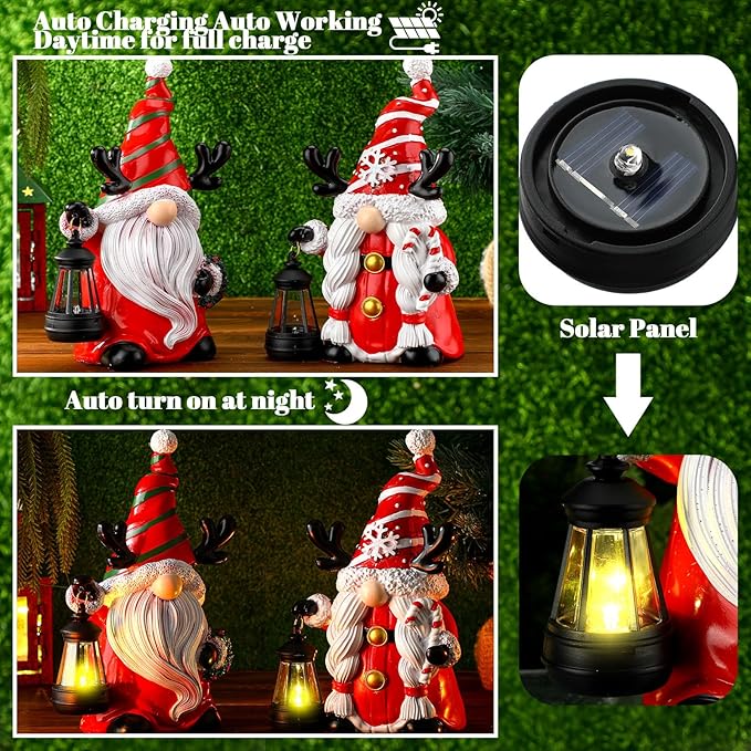 Suzile 2 Pack 9.4 Inch Gnome Statue Christmas Garden Decor with Solar Lights Resin Outdoor Christmas Decoration Figurine with LED Lantern Outside for Courtyard Lawn Patio Porch Housewarming Gift
