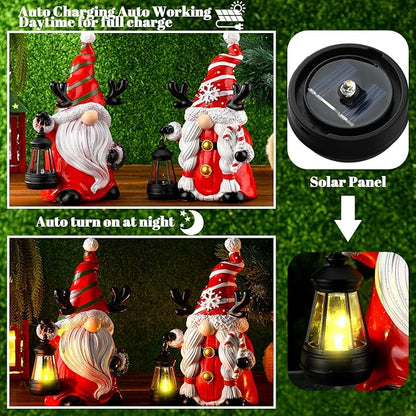 Suzile 2 Pack 9.4 Inch Gnome Statue Christmas Garden Decor with Solar Lights Resin Outdoor Christmas Decoration Figurine with LED Lantern Outside for Courtyard Lawn Patio Porch Housewarming Gift