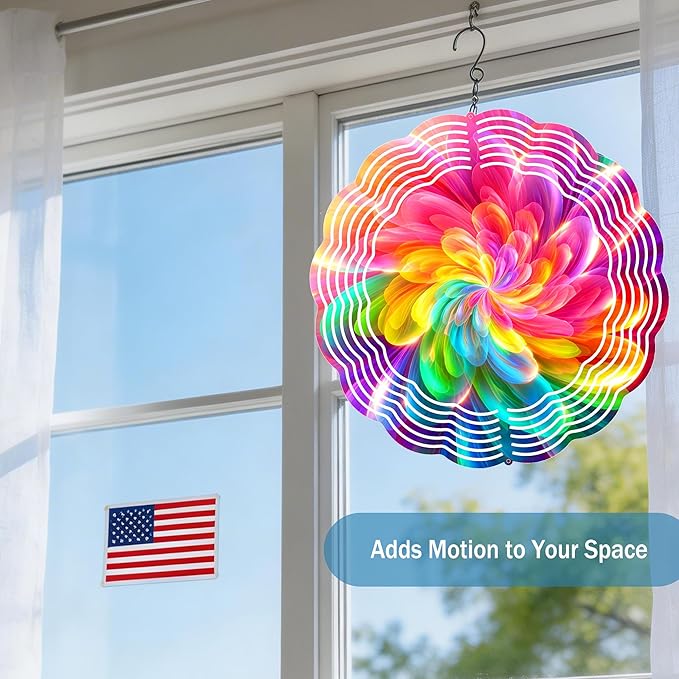 Wind Spinners Colorful Abstract Flower Art 9.8 x 9.8 Inch Metal Wind Spinner Outdoor Garden Yard Patio Decor Bright Rainbow Swirl Design Decorative Wind Spinners for Lawn Balcony