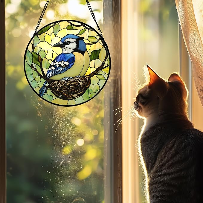DASTOLL Stained Glass Window Hanging 4 Pcs Set Bird Theme On Branch 9.8" - Cardinal Suncatcher Door Garden Sun Catcher Decor Birthday Christmas for Mom Woman Nana Men