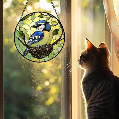 DASTOLL Stained Glass Window Hanging 4 Pcs Set Bird Theme On Branch 6.3" - Cardinal Suncatcher Door Garden Sun Catcher Decor Birthday Christmas for Mom Woman Nana Men