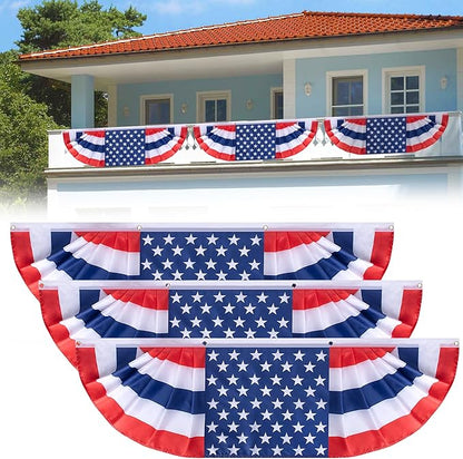 EBaokuup 3 Pcs 5 x 1.5 Ft Long Pleated American Flag Bunting,Traditional Patriotic American Bunting Flags for 4th of July,USA Pleated Fan Flag for Independence Day Garden Outdoor Decor