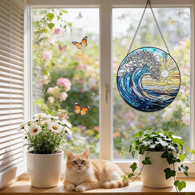 Stained Glass Window Hanging, 8 Inch Sea Wave Suncatcher, Sun Catchers Indoor Window, Ocean Suncatchers for Windows Hanging, Spring Home Garden Coastal Decor Panel, Beach Lover Gift for Women Mom Wife