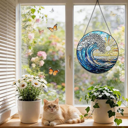 Stained Glass Window Hanging, 8 Inch Sea Wave Suncatcher, Sun Catchers Indoor Window, Ocean Suncatchers for Windows Hanging, Spring Home Garden Coastal Decor Panel, Beach Lover Gift for Women Mom Wife