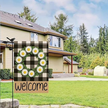 Buffalo Plaid Welcome Wreath Garden Flag 12x18 Double Sided Daisy Flower Flag Rustic Spring Summer Decor for Porch Patio Lawn Farmhouse Seasonal Small Yard Farmhouse Holiday Outdoor