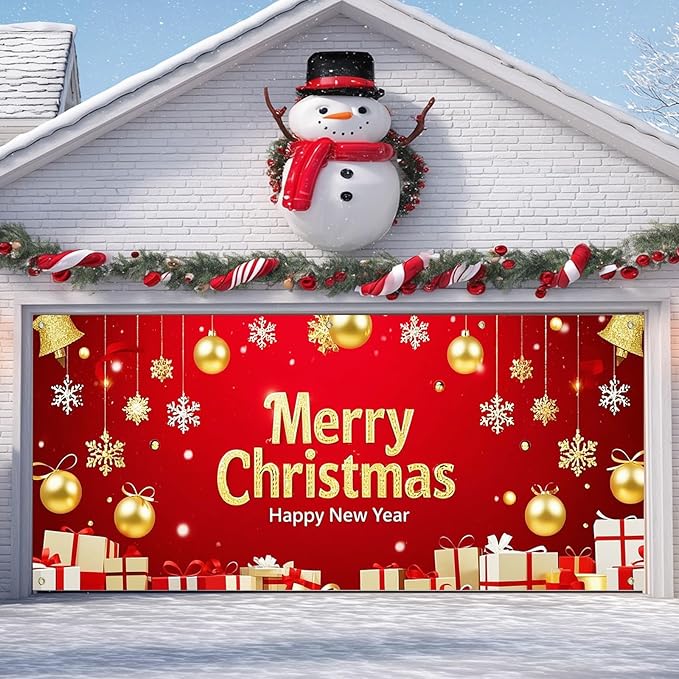 IVN Christmas Garage Door Cover Decoration 13x6ft Red and Gold Ornaments Snowflakes and Gift Boxes Merry Christmas Winter Garage Door Banner Home Door Front Yard Decor for Xmas Eve Holiday Outdoor