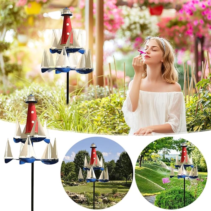Kinetic Art Wind Sculpture - Summer Lighthouse Sailboat Windmills, Nautical Art Garden Windmills, Large Metal Sailboat Wind Spinners Decor for Outdoor Yard and Garden (1pc)