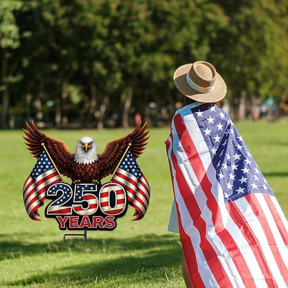 22.4'' 250th Anniversary Eagle Yard Sign Decorations 4th of July Memorial Day Garden Stakes Door Hanging Outdoor Decor 250 Year Patriotic Independence Day Metal Sign with Stake for 1776-2026 Decor