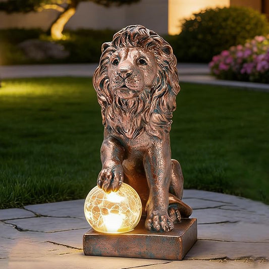 Nacome Guardian Lion Garden Decor: Outdoor Decoration Statue with Ball Lights for Yard Art Porch Patio Balcony - Unique Birthday Choice for Women Mom Lover - 9.45in (Copper)