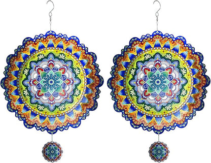 2 Pack Wind Spinners Outdoor Hanging Stainless Steel Multi Color 12 Inch Yard Art Decoration 3D Wind Spinners Mandala for Garden Porch