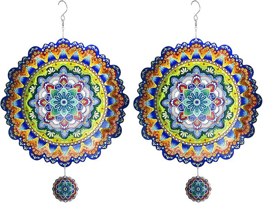 2 Pack Wind Spinners Outdoor Hanging Stainless Steel Multi Color 12 Inch Yard Art Decoration 3D Wind Spinners Mandala for Garden Porch