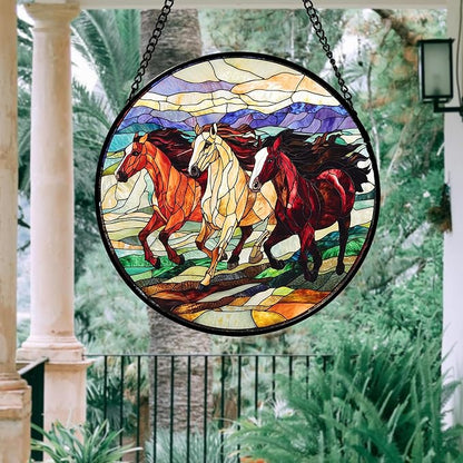 DASTOLL Stained Glass Window Hanging, Colorful Landscape Running Horse Suncatcher for Doors Window Home Sun Catchers Decoration Mother's Day Birthday Gifts for Women, Men, and Mom 7.8x7.8 in
