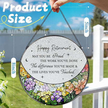 8” Stained Glass Suncatcher Ornament – Floral Retirement Window Hanging Decorations, Retirement Gifts & Retired Gifts for Women, Men, Friends, Coworkers, Teachers - Style F