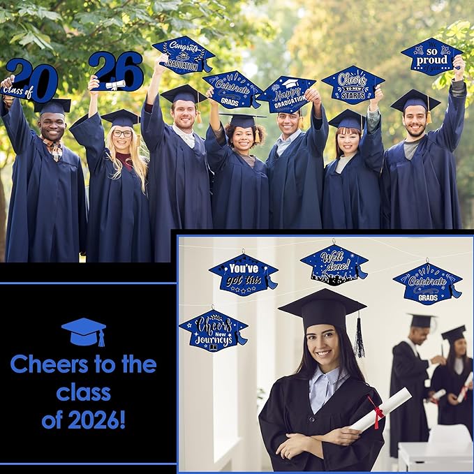 16 Pieces 2026 Graduation Yard Signs Plastic Congrats Grad Decor with 32 Stake and Ribbon Graduate Cap Hanging Yard Sign for Party Outdoor Lawn Pathway Walkway Decorations(Blue and Black)