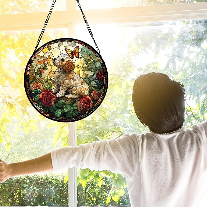 DASTOLL Stained Glass Window Hanging, Cute Dog and Flowers Suncatcher for Doors Home Butterfly Sun Catchers Decoration and Christmas, Mother's Day Birthday Gifts for Women, Men, and Mom 7.8 in