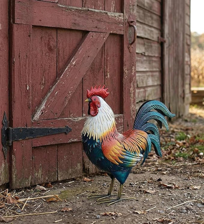 Regal Art & Gift Handcrafted Metal Rooster Statue, Weather-Resistant Farmhouse Yard Art, Indoor/Outdoor Garden Sculpture, Detailed Feather Design, Decorative Bird for Home & Garden, Duckwing, 21" H