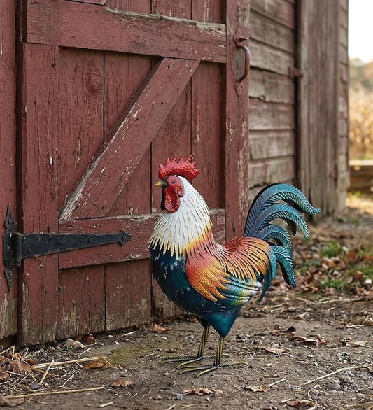 Regal Art & Gift Handcrafted Metal Rooster Statue, Weather-Resistant Farmhouse Yard Art, Indoor/Outdoor Garden Sculpture, Detailed Feather Design, Decorative Bird for Home & Garden, Duckwing, 21" H
