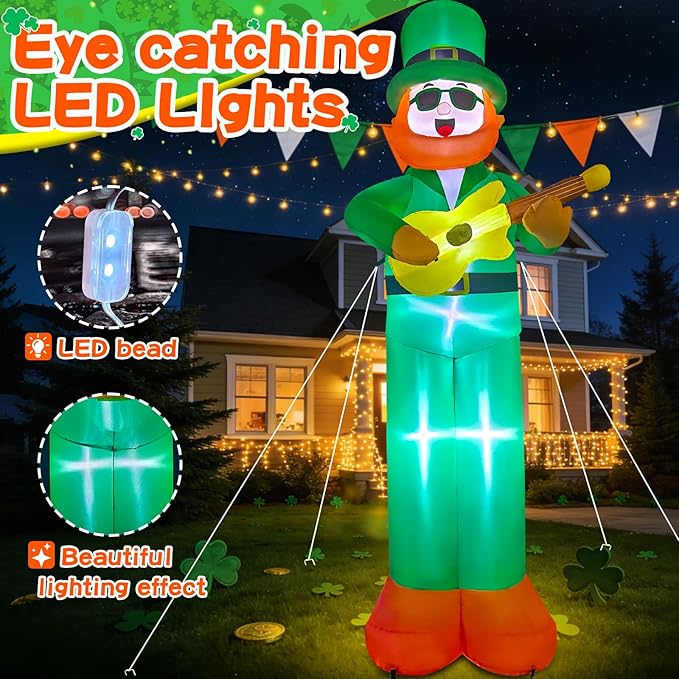 10Ft Giant St. Patrick's Day Inflatable Outdoor Decoration Blow Up Inflatable Leprechaun with Guitar Inflatable St. Patrick's Day Yard Decorations for Outdoor Garden Lawn Party(with Drawstring Bag)