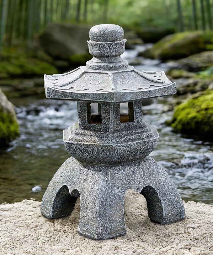 Nacome Solar Pagoda Lantern Garden Statue,Indoor/Outdoor Zen Asian Decor for Landscape Balcony,Garden,Patio,Porch Yard Art Ornament,Polyresin, Stone Finish
