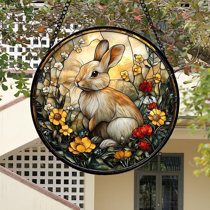 DASTOLL Stained Glass Window Hanging - Rabbit Flowers Suncatcher Ready to Hang Window Doors Home Decoration, Easter, Mother's Day Birthday Gifts for Women, Men, and Mom 14.9x14.9 in
