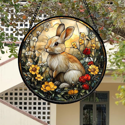 DASTOLL Stained Glass Window Hanging - Rabbit Flowers Suncatcher Ready to Hang Window Doors Home Decoration, Easter, Mother's Day Birthday Gifts for Women, Men, and Mom 14.9x14.9 in