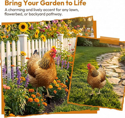 Hen Statue Garden Stake Animal Sculpture Lifelike Lawn Sign Metal Realistic Yard Art Chicken Figurine Ground Insert for Floor, 31.5x17.4x0.1cm