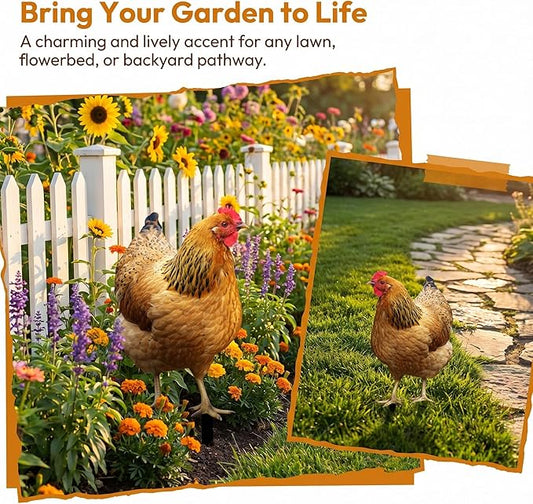Hen Statue Garden Stake Animal Sculpture Lifelike Lawn Sign Metal Realistic Yard Art Chicken Figurine Ground Insert for Floor, 31.5x17.4x0.1cm