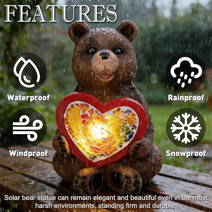 Solar Bear Garden Statues Decor for Outdoor, Brown Bear Figurine Lights for Lawn Patio Yard Decoration - Unique Christmas Housewarming Gift for Grandma Wowen Mom