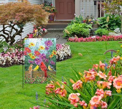 Spring Cardinal Garden Flag Floral 12x18 Double Sided, Birds Flower Small Burlap Yard House Seasonal Outside Outdoor Decoration