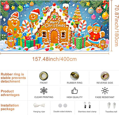 IVN Merry Christmas Garage Door Banner 13x6ft Festive Backdrop Gingerbread House Photo Prop Background for Joyful Holiday Yard Door Cover Background Outdoor Winter Scene