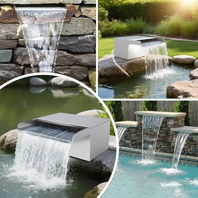 Pond Waterfall with Filter and Pump Kit, 304 Stainless Steel Waterfall Box for Ponds, 11.8in Spillway, 800 GPH Submersible Pump, 9.8' Hose, Sponge Filter, for Garden Pond, Water Feature, Aquaponics