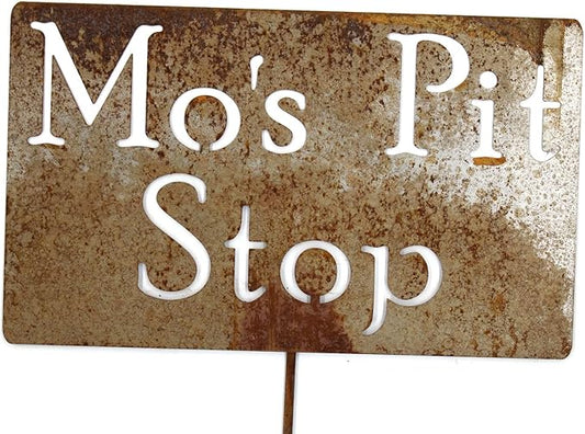 Classic Metal Garden Markers Clearance Items 20 to 33 Inches Tall (Mo's Pit Stop 28", Naturally Rusted)