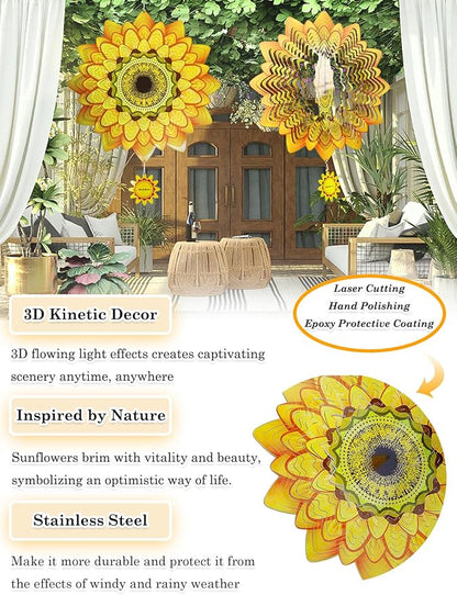 Sunflower Wind Spinners Outdoor Garden Decor for Outside - 12 Inch 3D Stainless Steel Metal Wind Spinners - Sunflower Gardening Gifts for Women, Yard Decorations Outdoor Hanging Decor