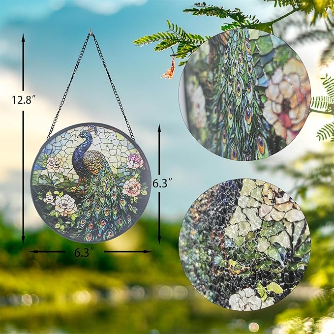 Stained Glass Sun Catcher,Peacock Glass Window Hanging Garden Decor,Sun Catchers Indoor Window,Whimsical Decoration for Home Backyard Patio Lawn Porch with 6.3 INCH