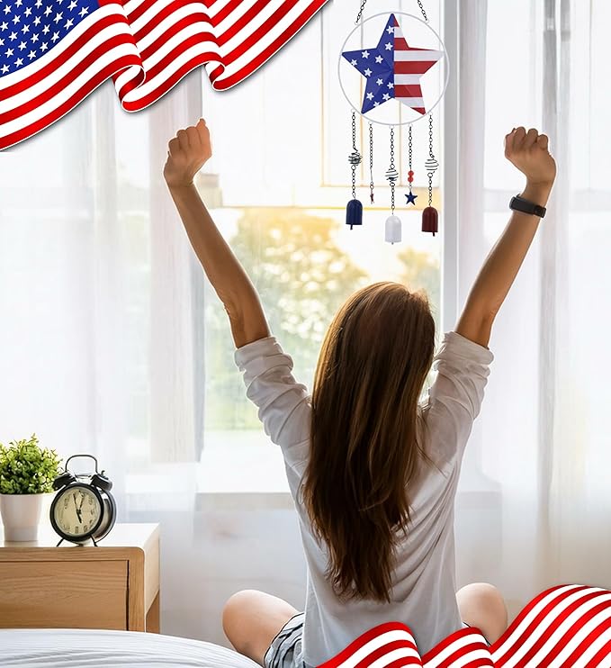 CoTa Global USA Flag Star Wind Chime - American Flag Patriotic Indoor or Outdoor Windchime Home Decor with Hanging Bells, Handcrafted Glass and Metal Wind Chimes for Yard, Garden, Porch - 24 Inch