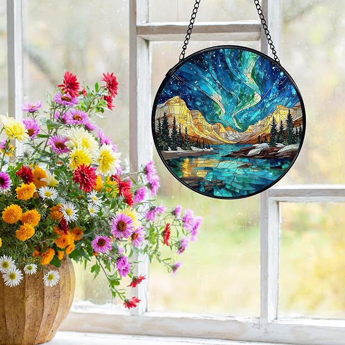 Nature Mountain Aurora Borealis Suncatchers Stained Glass Window Hanging, Northern Lights Sun Catchers Indoor Window Glass Round Wall Decor, Nature Wall Hanging Decorations, 7.9x7.9in