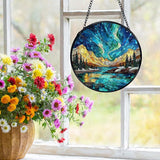 Nature Mountain Aurora Borealis Suncatchers Stained Glass Window Hanging, Northern Lights Sun Catchers Indoor Window Glass Round Wall Decor, Nature Wall Hanging Decorations, 7.9x7.9in