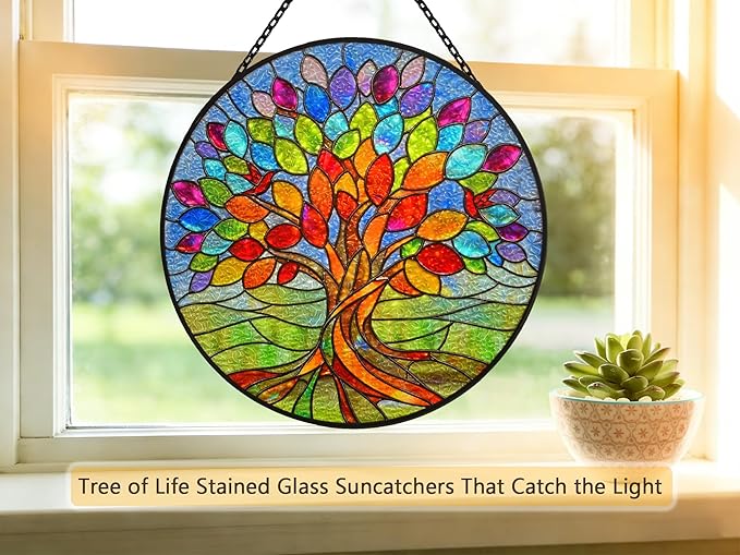 Stained Glass Window Hangings, Tree of Life with Hummingbird Suncatchers for Window, Treasured Gift for Mom, Grandma, Family and Friends (Colorful, 6.7x6.7 in)