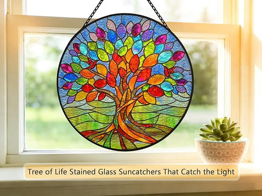 Stained Glass Window Hangings, Tree of Life with Hummingbird Suncatchers for Window, Treasured Gift for Mom, Grandma, Family and Friends (Colorful, 6.7x6.7 in)
