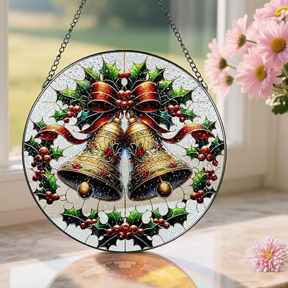 Stained Glass Window Hanging, Pauyadu Sun Catchers Indoor Window, Bells Christmas Suncatcher, Christmas Home Decor, Festive Gifts for Friends, Neighbor - 8 Inch