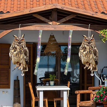 Hanging Plastic Owls for Gardens, 2PCS Reflective Hanging Owl Decoration Woodpecker Control Device with Reflective Tape, Jinging Bell for Garden Patio Windows
