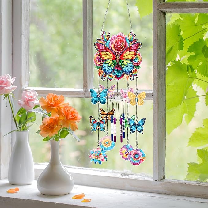 DIY Wind Chime Pendant Spring 3D Diamond Art Painting Hanging Ornament Double Sided Diamond Suncatchers for Window Home Backyard Garden Wall Door Decor (Butterfly05)