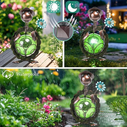 MUMTOP Turtle Garden Decor, Turtle Solar Lights Outdoor Decorative Waterproof with Crackle Glass Globe and Flower Yard Ornaments for Tabletop Outside Garden Lawn Outside Porch Home Decorations