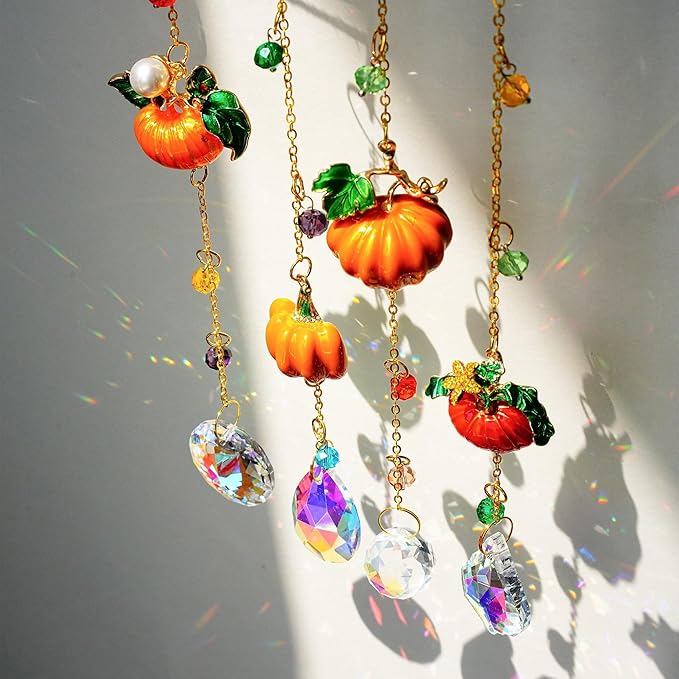 HDCRYSTALGIFTS Set 4 Fall Pumpkin Suncatchers Crystals Sun Catchers Indoor Window Hanging Thanksgiving Christmas Tree Decorations for Farmhouse Harvest Autumn Xmas Home Party Decor