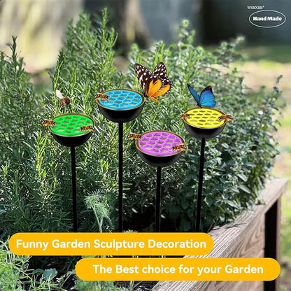 4 Pack Bee Waterer and Butterfly Water Stations for Garden with Bees Island, Bee Water Catcher for Thirsty Pollinators, Colorful Metal Garden Sculpture Stakes Decor