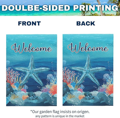 Welcome Coastal Garden Flag with Starfish Ocean Theme Summer Beach Yard Flags Nautical Sea Life Outdoor House Banner for Yard Lawn Patio Porch Pool Rusitc Seasonal Home Decor 12x18 Inch