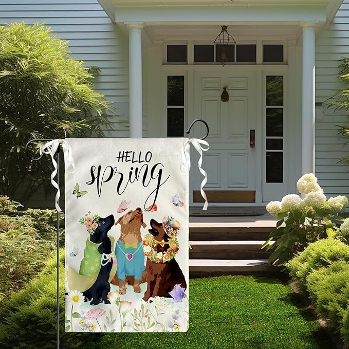 Hello Spring Garden Flags Golden Retriever Dog Yard Flag Puppy Daisy Floral Flowers House Banner Spring Butterfly Seasonal Flowers Garden Flag or Farmhouse Holiday Outside Decor 12x18 Inch