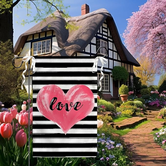 Love Heart Garden Flag Valentines Day Strips Yard Flag Outside Double Sided Anniversary Wedding Burlap Garden Flags Pink Love House Banner for Outdoor Valentine Decor 12x18 Inch