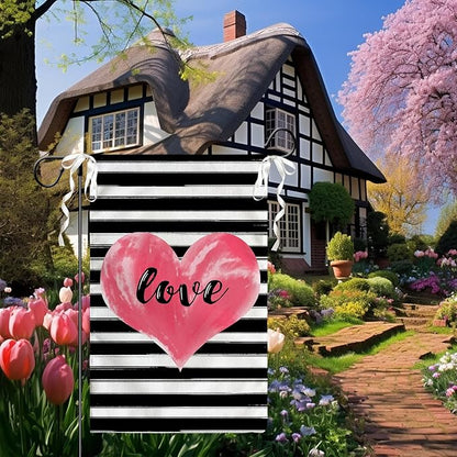 Love Heart Garden Flag Valentines Day Strips Yard Flag Outside Double Sided Anniversary Wedding Burlap Garden Flags Pink Love House Banner for Outdoor Valentine Decor 12x18 Inch